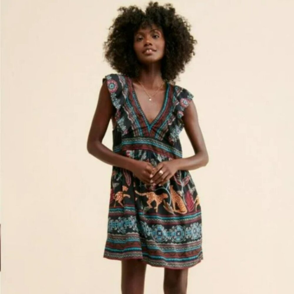 Anthropologie V-Neck Plunge Tunic Floral Ruffled Detail Printed Mini Dress Sz XS